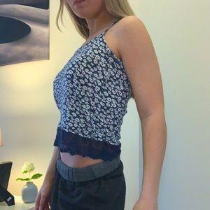 Blue and white floral tank top with lace
